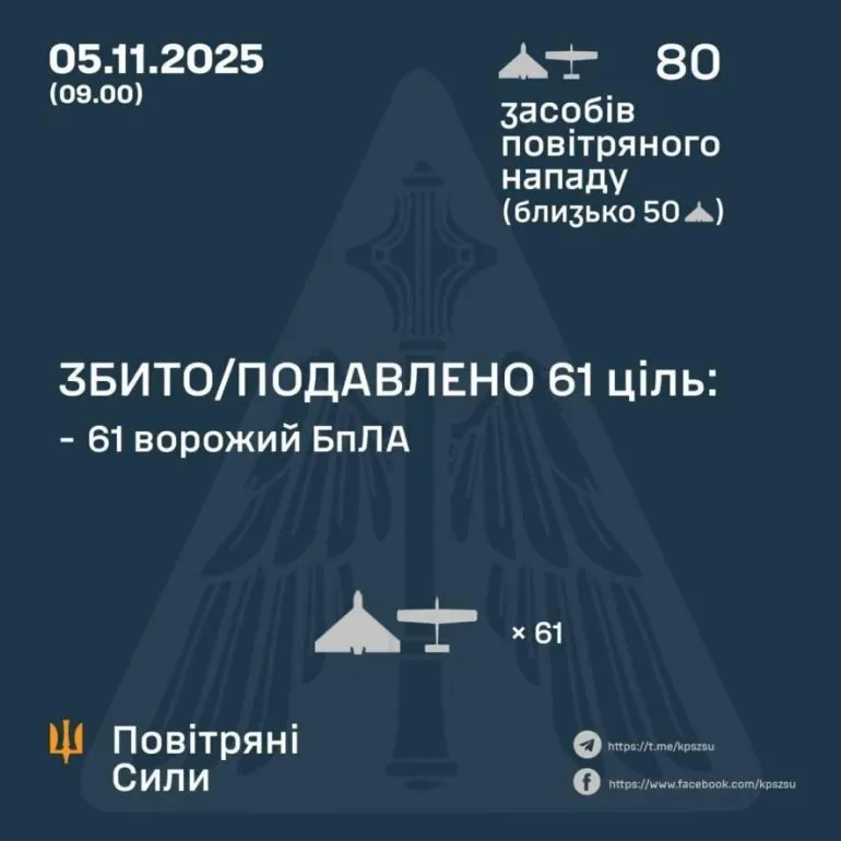 Росія атакувала Україну 80 дронами вночі: ППО знешкодила 61, на Одещині спокійно